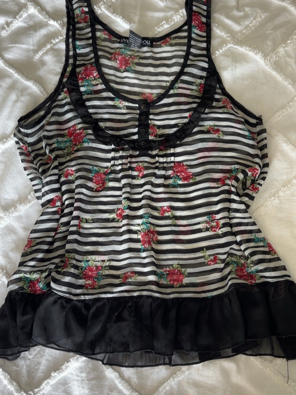 Living*Doll Sheer Black & White Striped Tank with Red Floral Print